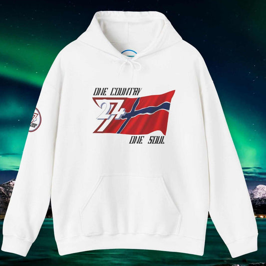 Premium White Norway flag hoodie featuring the hand-drawn national flag and 24/7 branding.