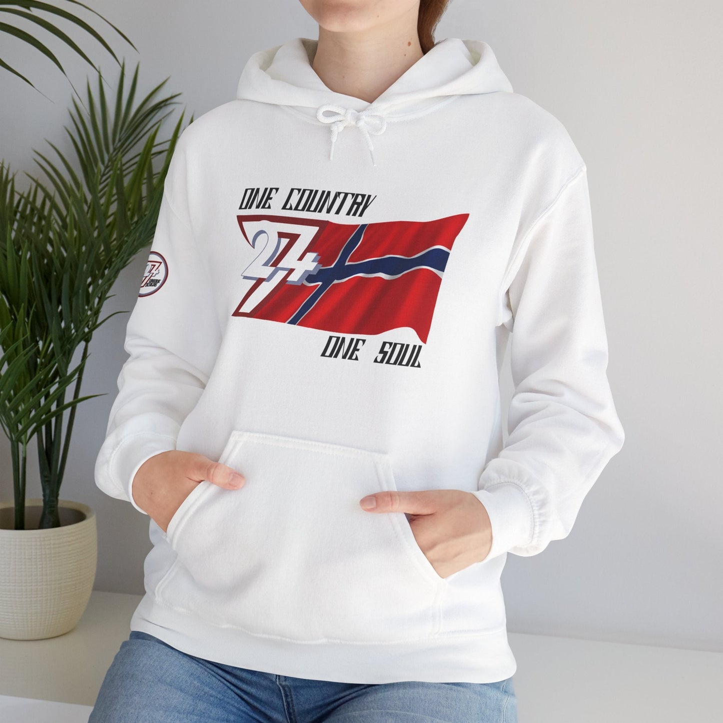 Model wearing the Norge "Aurora" edition hoodie in White, showing a modern, refined Nordic streetwear look.