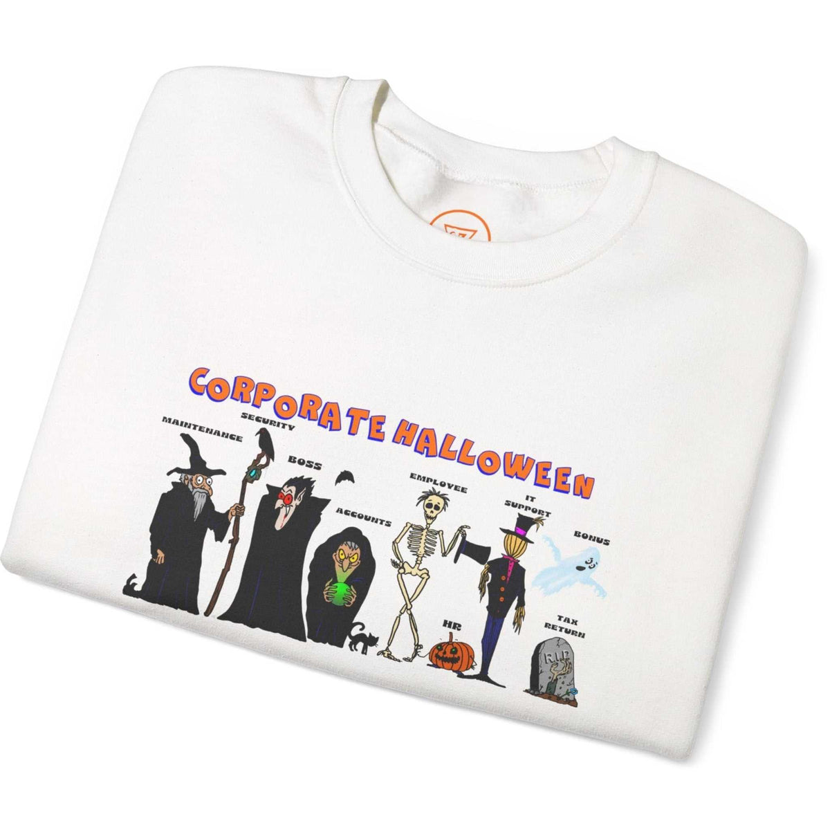 Neatly folded white office Halloween party outfit highlighting the crisp digital front print and cozy fabric, laid flat.