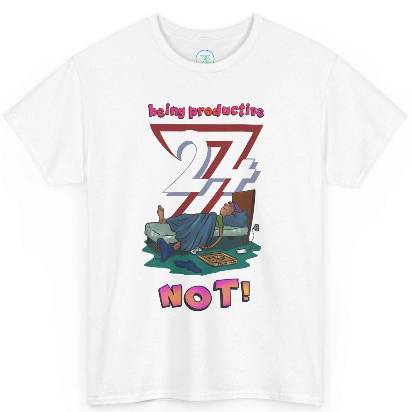 White original comic art young adult tee highlighting the colorful anti-productivity graphic, laid flat.