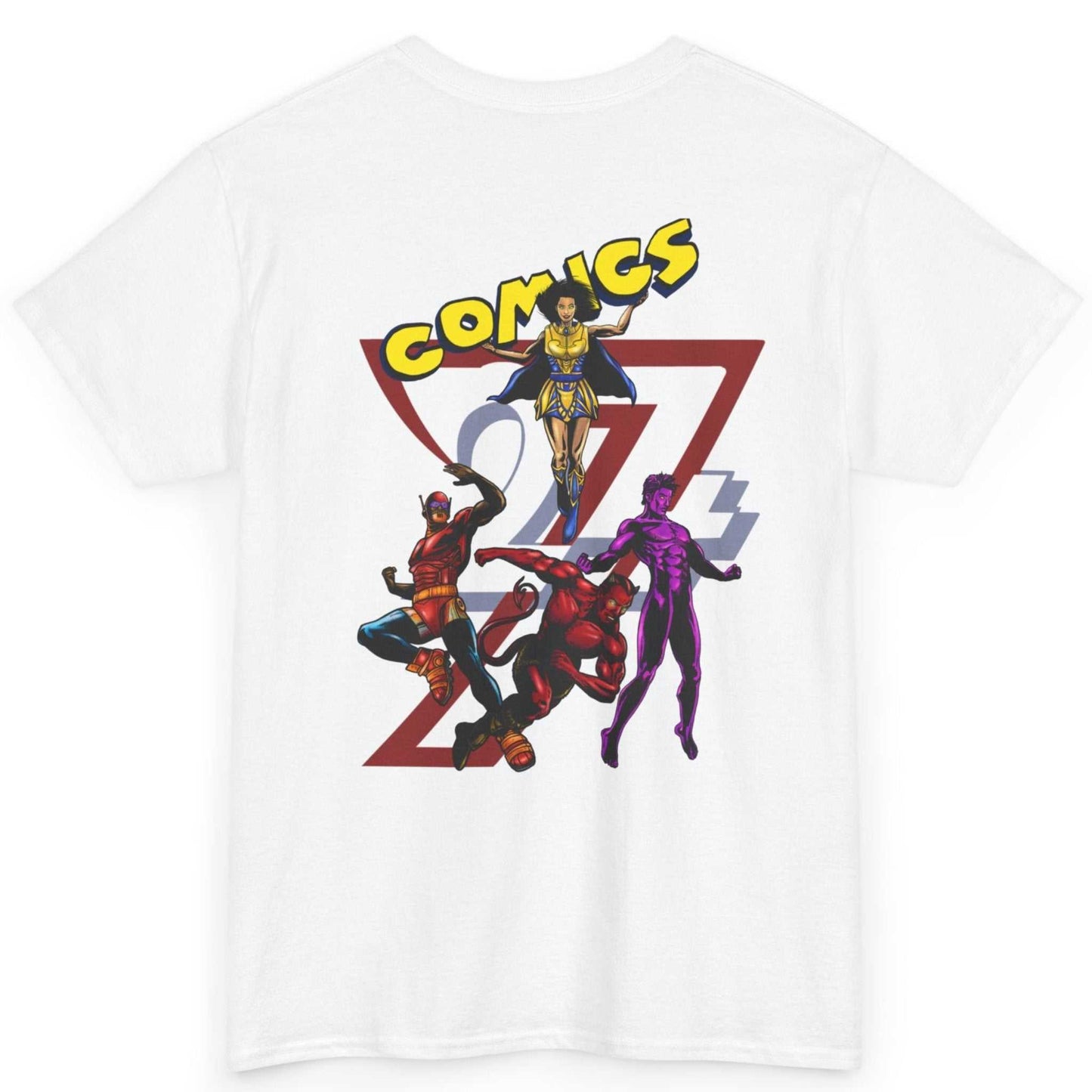 Back view of a white original superhero team graphic tee featuring a large, hand-drawn indie comic illustration.