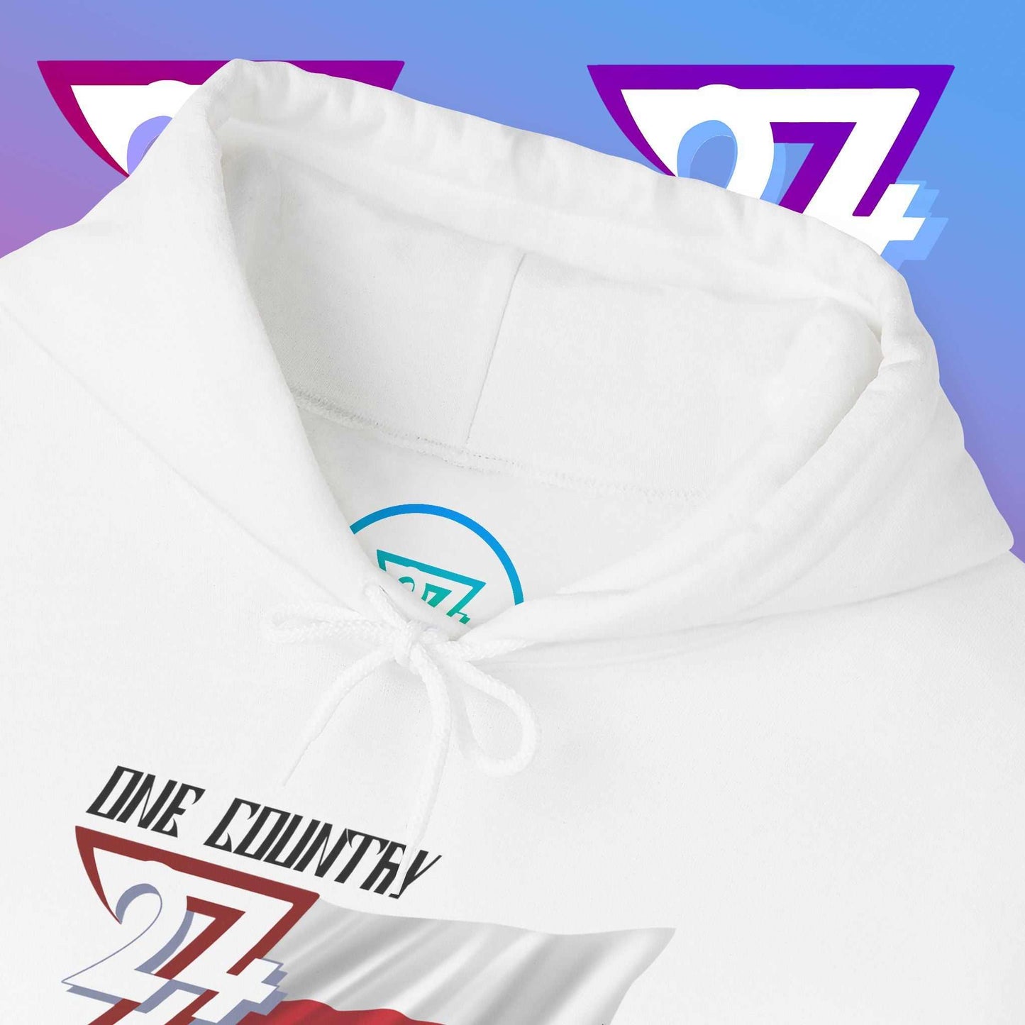 Macro close-up of the inner neck area showing the tear-away label and authentic 24/7 Unique Designs trademark logo.