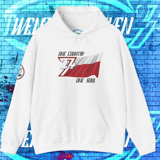Premium White Poland flag hoodie featuring the hand-drawn national flag and 24/7 branding.