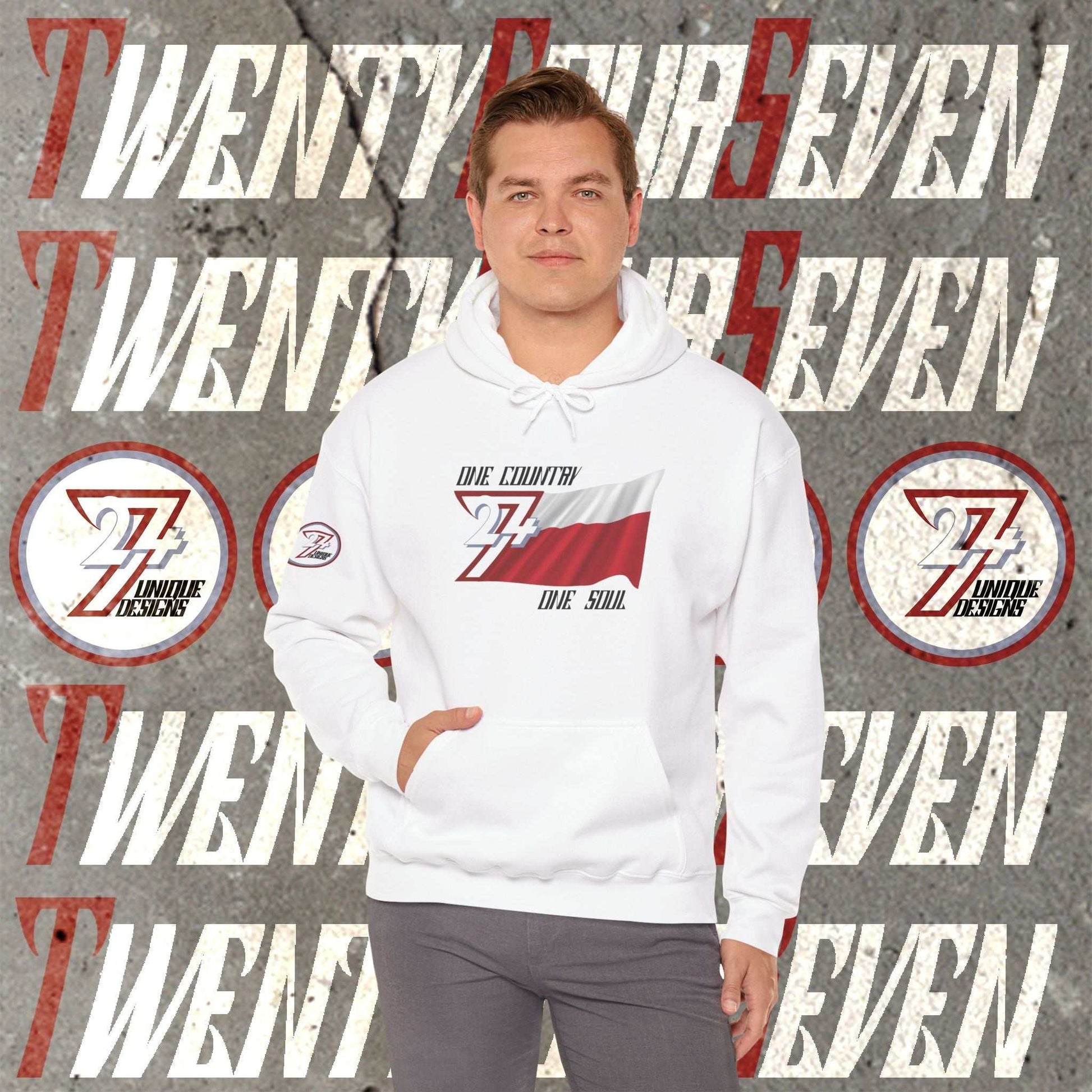 Model wearing the Polska "Unity" edition hoodie in Charcoal, showing a modern, refined Polish streetwear look.