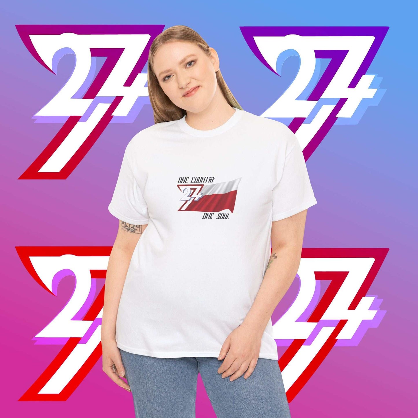 White Hand-drawn Poland graphic tee featuring sketched white and red flag design on female model