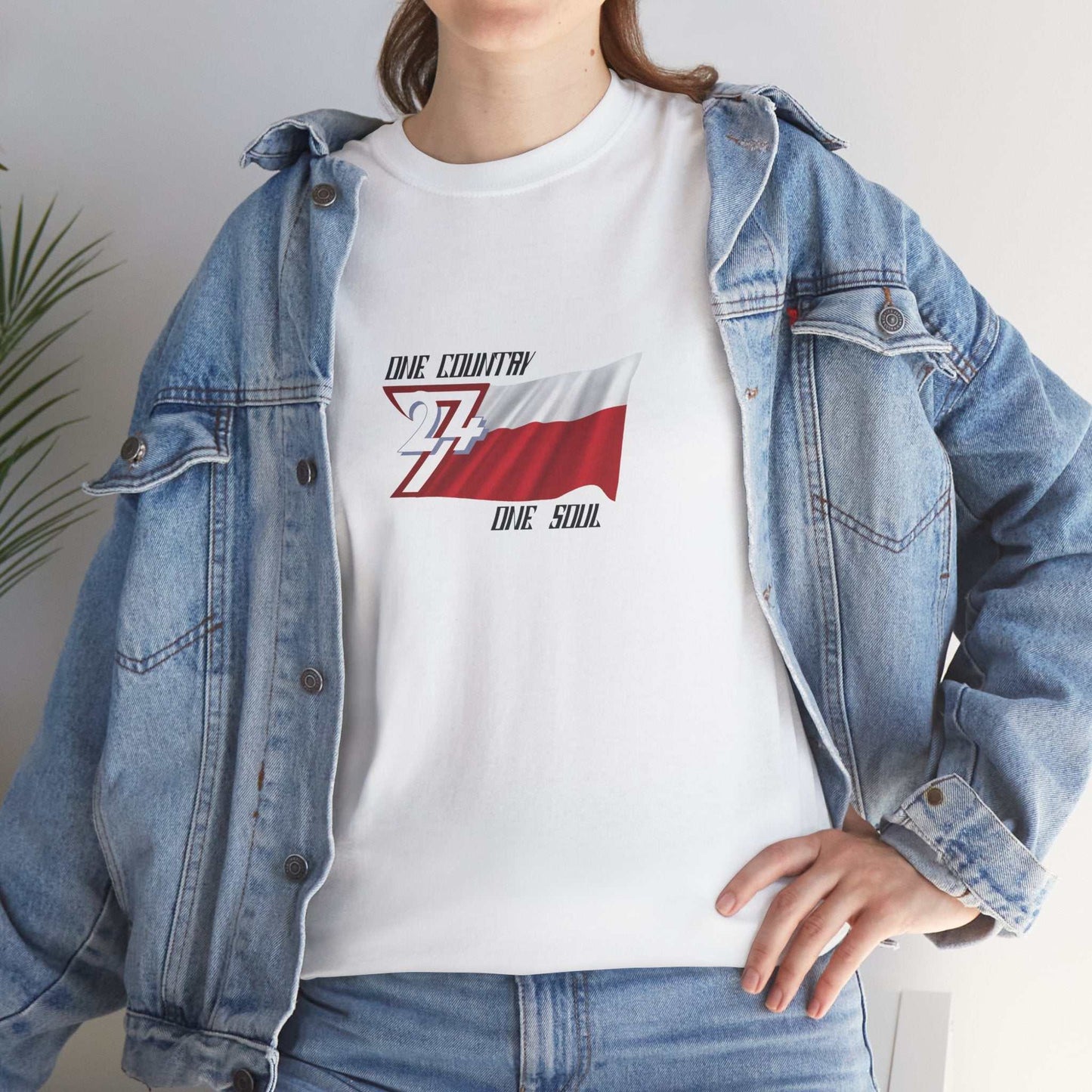 Female model wearing the unique Poland graphic tee in white