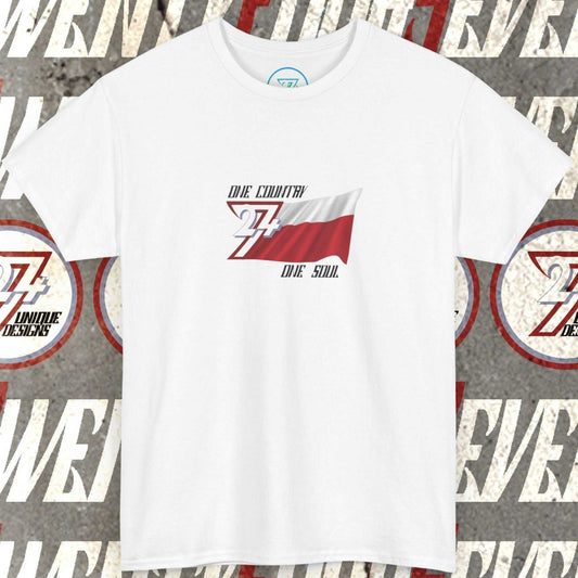Front view of a white graphic t-shirt featuring a digitally hand-drawn Poland flag design.