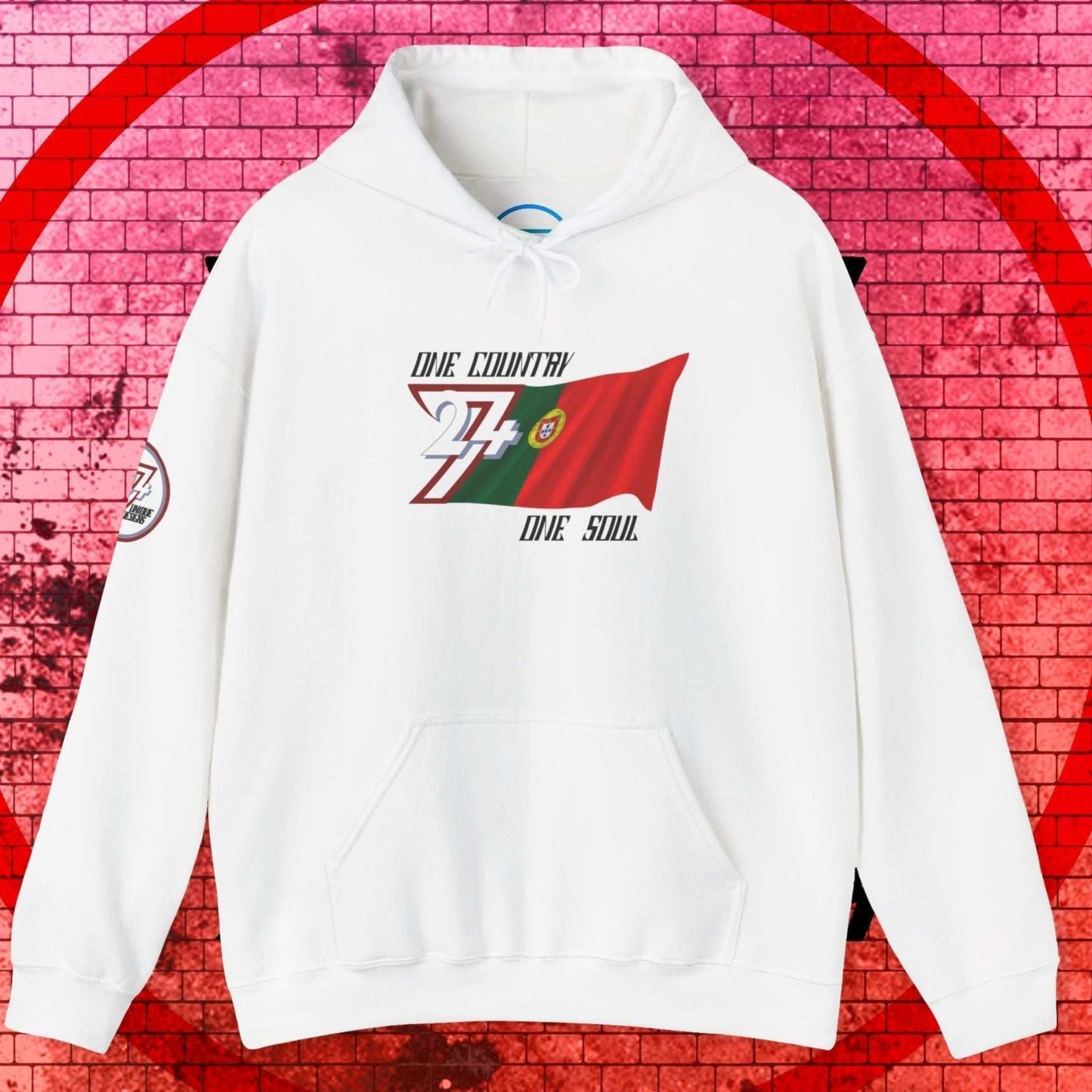 Premium White Portugal flag hoodie featuring the hand-drawn national flag and 24/7 branding.