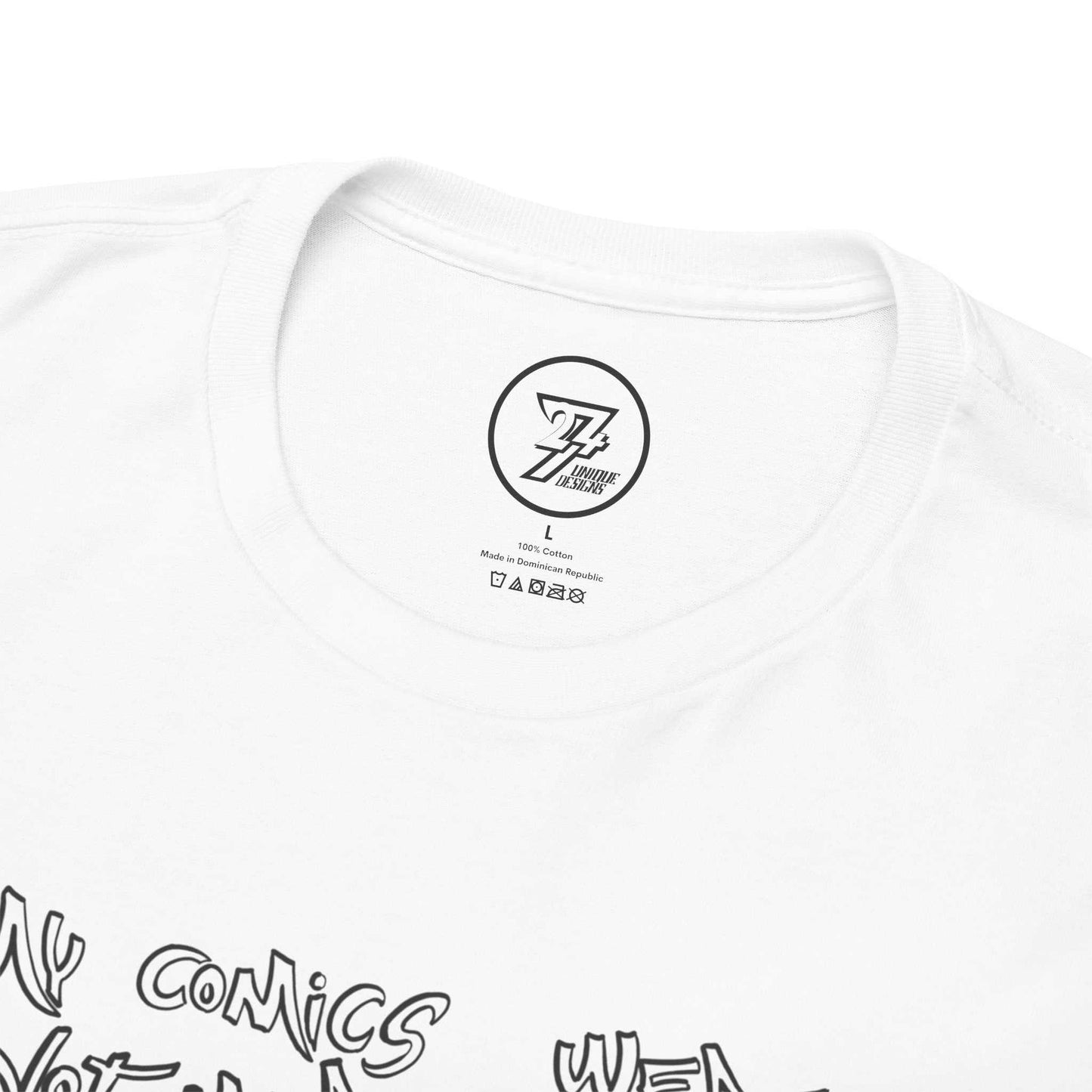 Close-up of the shape-retaining ribbed crew neckline on the white pro human art apparel, highlighting the seamless interior construction and 24/7 logo internal label.