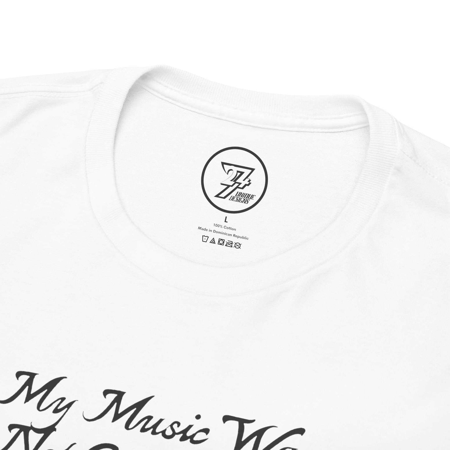 Close-up of the shape-retaining ribbed crew neckline on the white real music apparel, highlighting the seamless interior construction and 24/7 logo internal label.