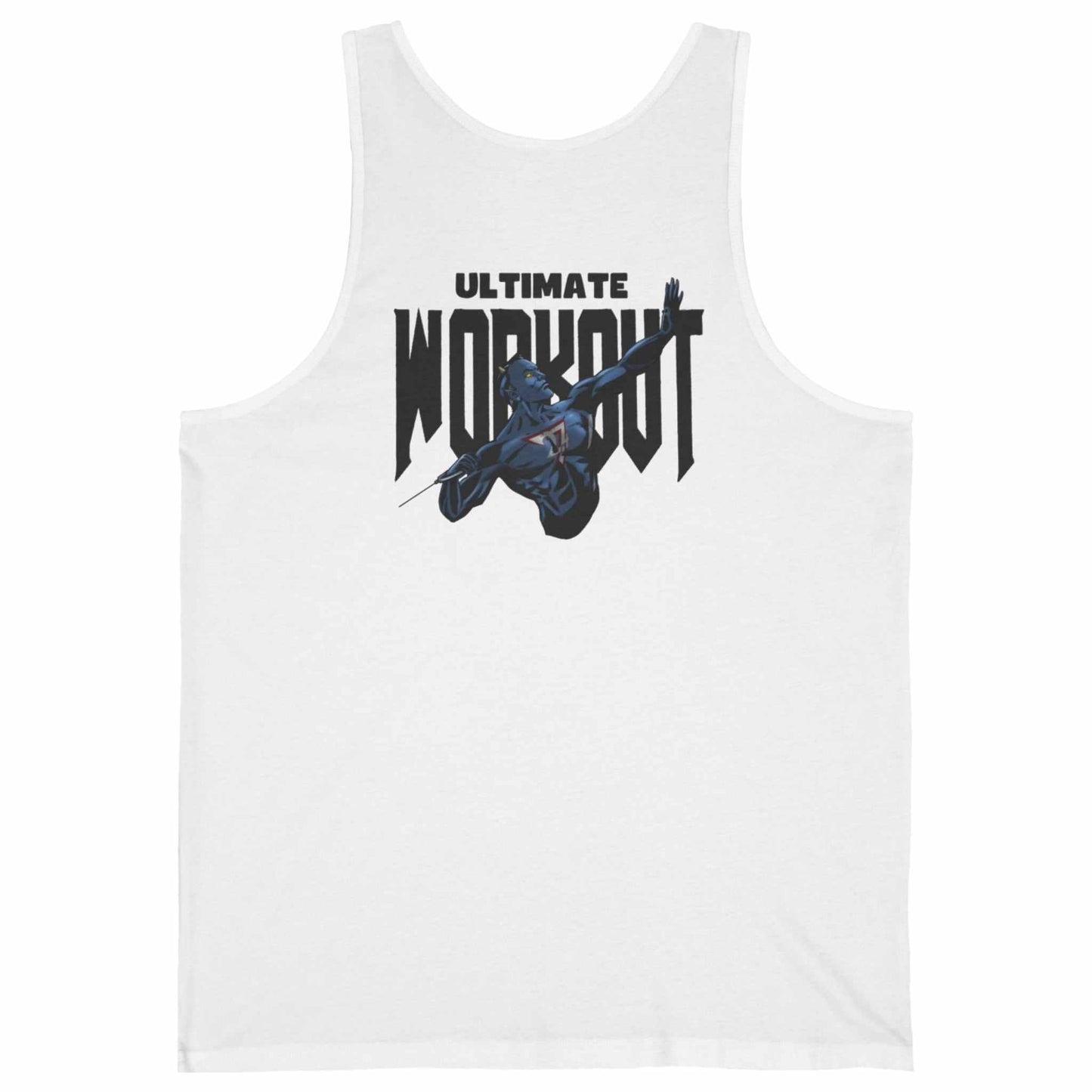 Back view of a white retro comic bodybuilding shirt showcasing the massive hand-drawn blue character workout graphic.