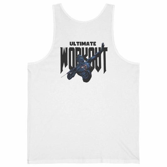 Back view of a white retro comic bodybuilding shirt showcasing the massive hand-drawn blue character workout graphic.