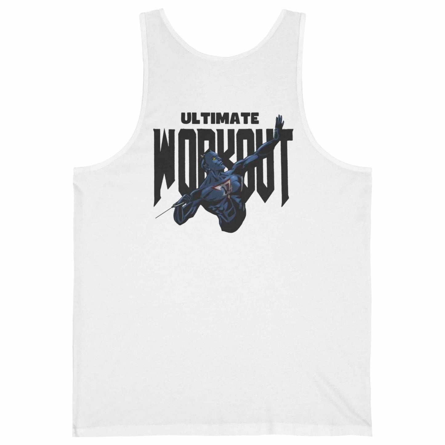 Back view of a white retro comic bodybuilding shirt showcasing the massive hand-drawn blue Dablo workout graphic from the ALK comic.