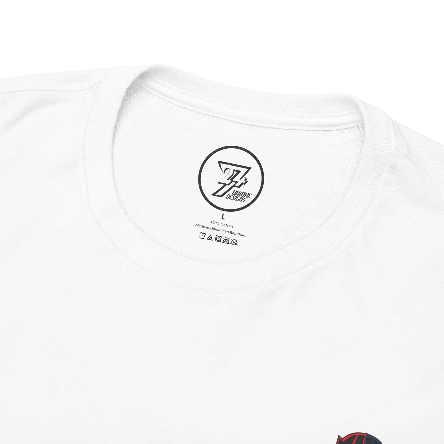 Close-up of the seamless crew neckline on the white retro comic workout gear tee, highlighting the neat construction and 24/7 Unique Designs inner label branding.