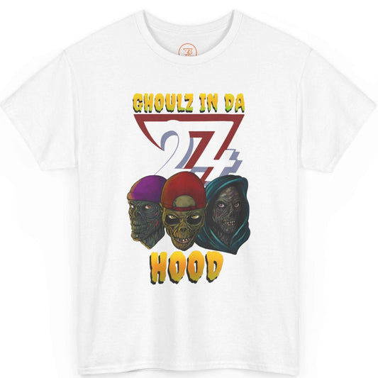 Front view of a white retro hip-hop graphic t-shirt by 24/7 Unique Designs featuring the Ghoulz in da Hood design.