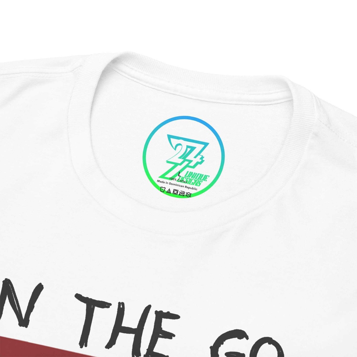 Close-up of the seamless crew neckline on the white running shirt, clearly showing the official 24/7 Unique Designs trademark logo inner label branding.
