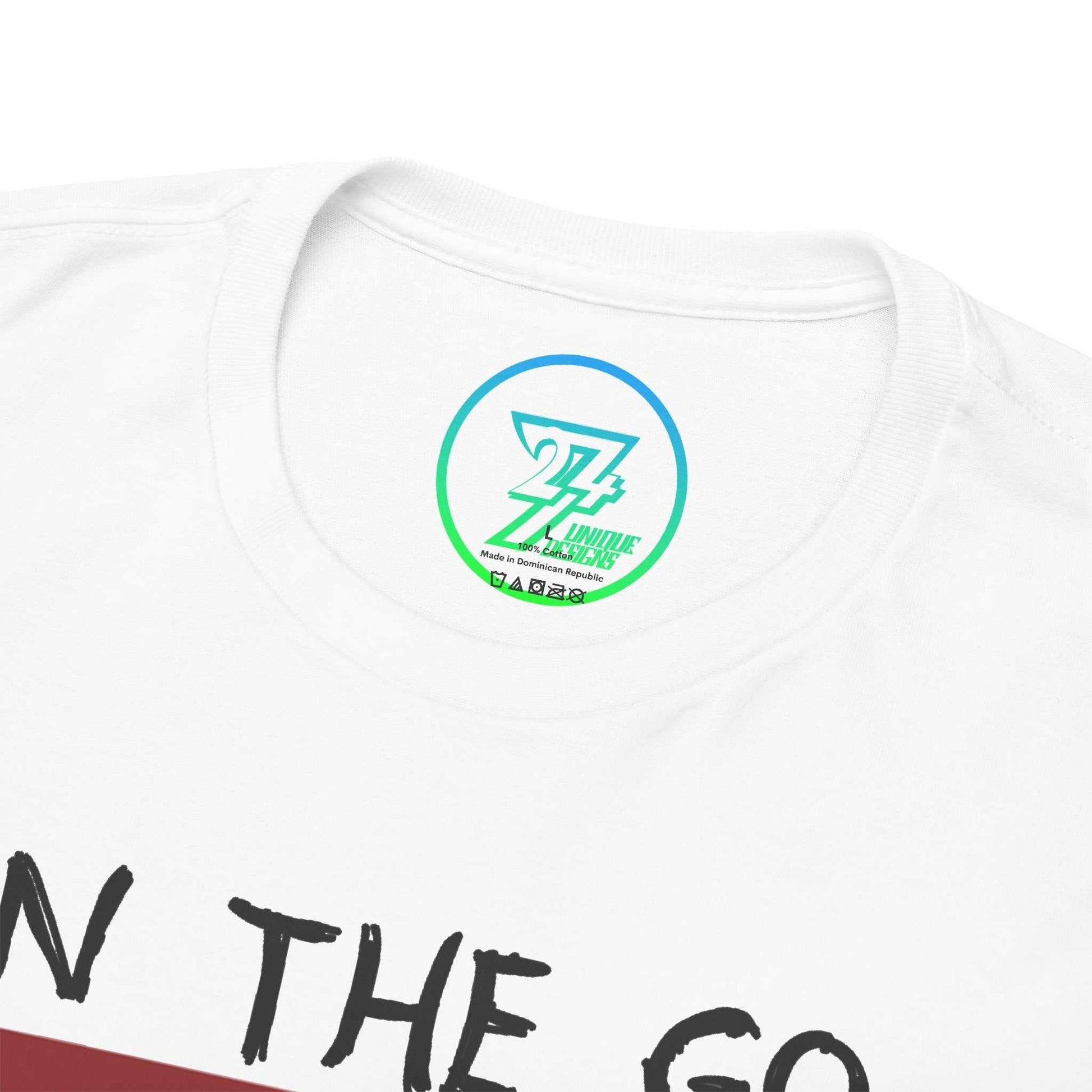 Close-up of the seamless crew neckline on the white running shirt, clearly showing the official 24/7 Unique Designs trademark logo inner label branding.