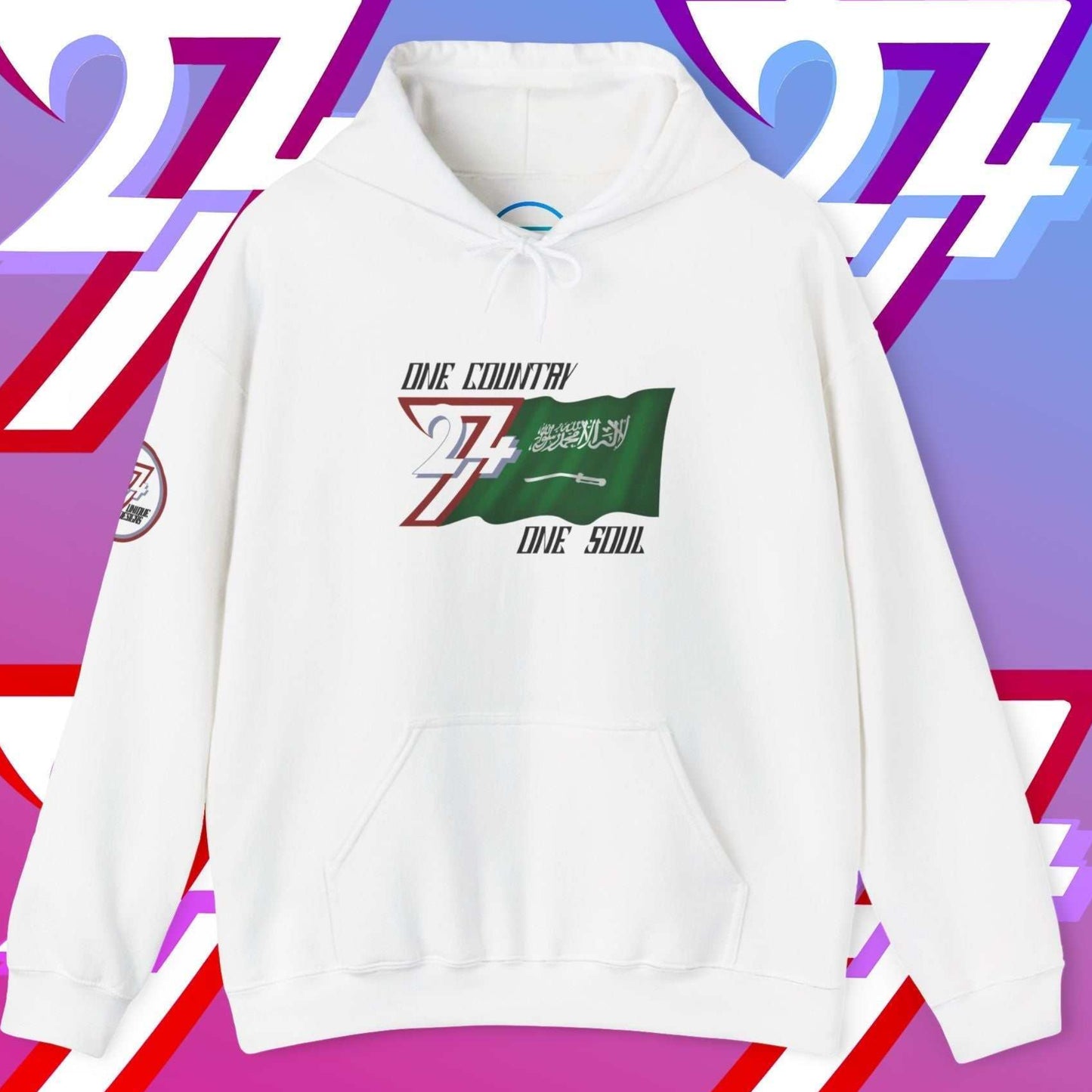 Premium White Saudi Arabia flag hoodie featuring the hand-drawn national flag and 24/7 branding.