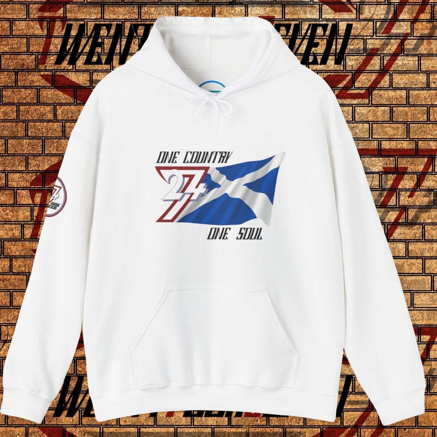 Premium White Scotland flag hoodie featuring the hand-drawn national flag and 24/7 branding.