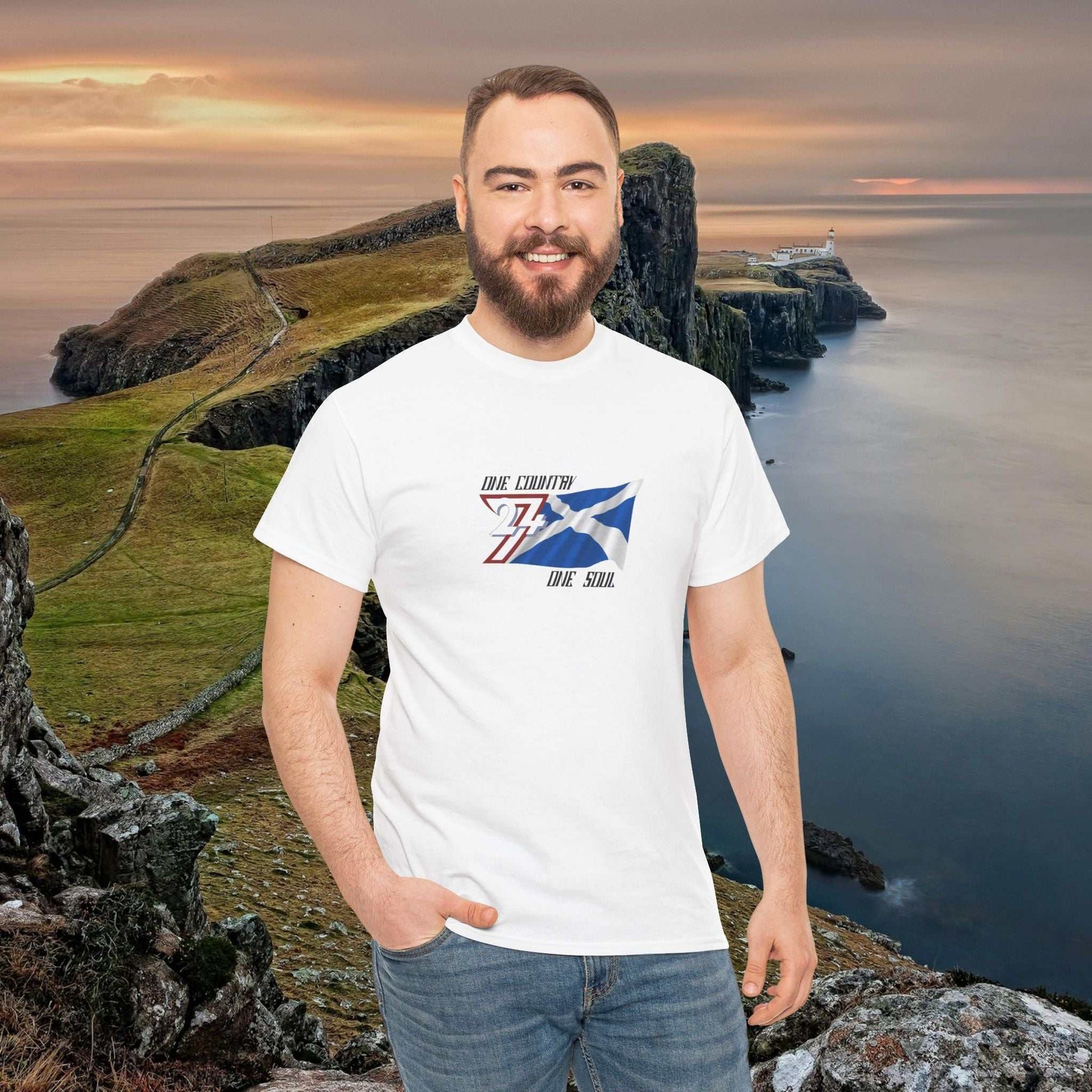 Scotland Graphic Tee with hand-drawn Saltire design on premium white unisex cotton shirt