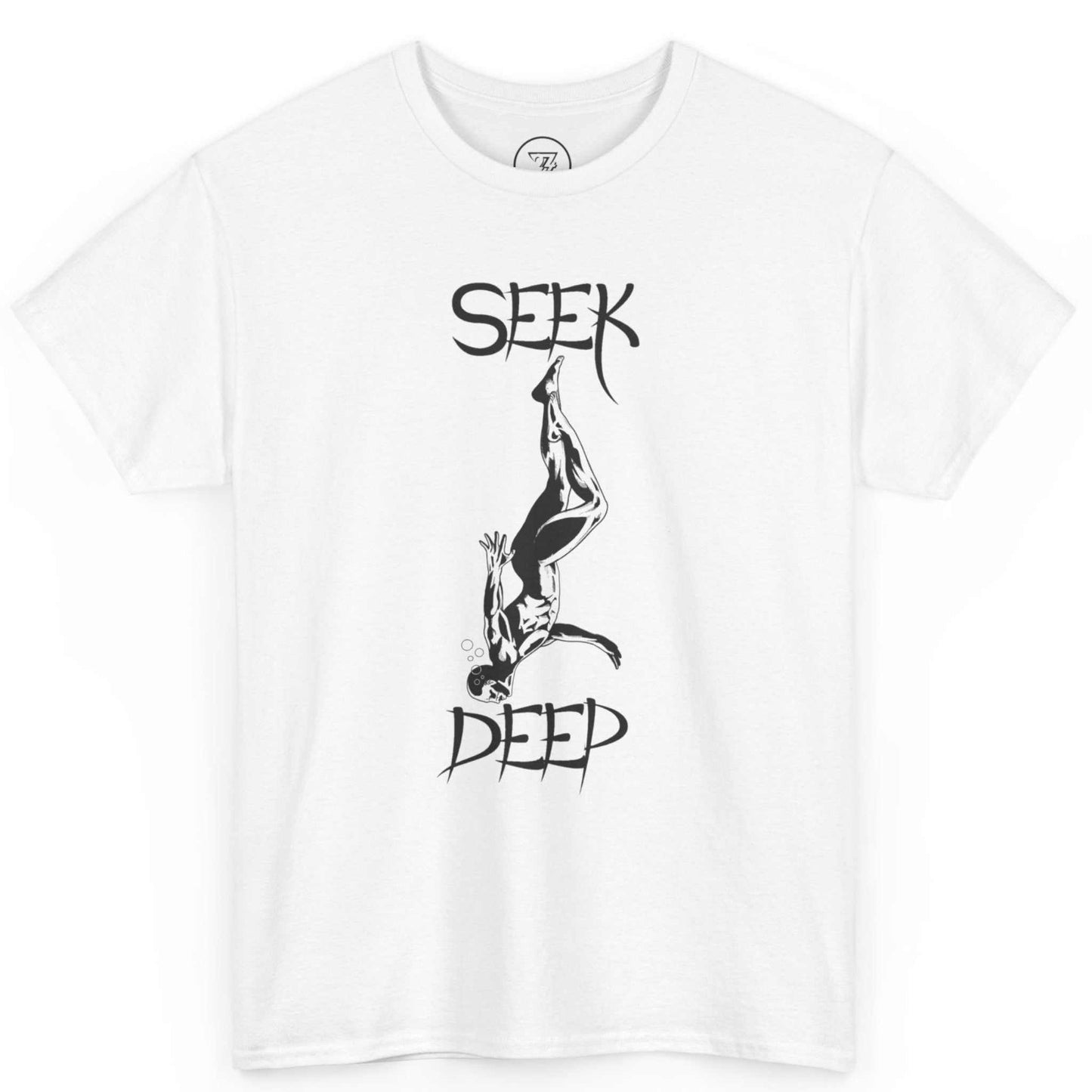 Front view of a white scuba diving graphic tee featuring a black diver graphic, displayed on a clean background.