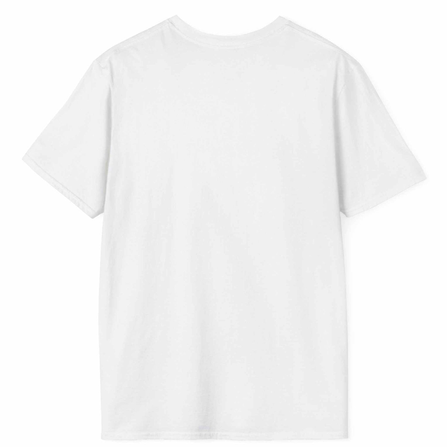 Back view of the white seamless tubular funny dad t-shirt, displayed on a clean background.