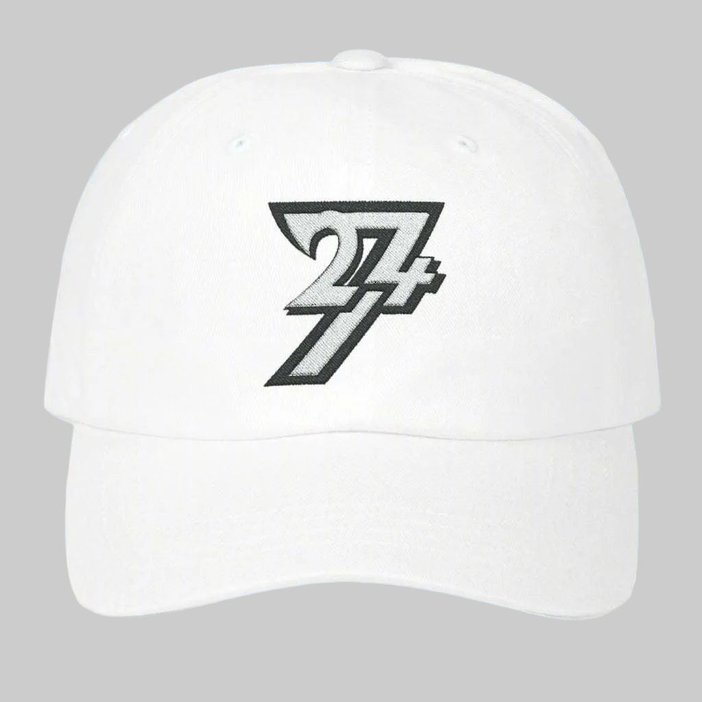 Solid white signature brand hat displaying the custom 24/7 streetwear emblem.
