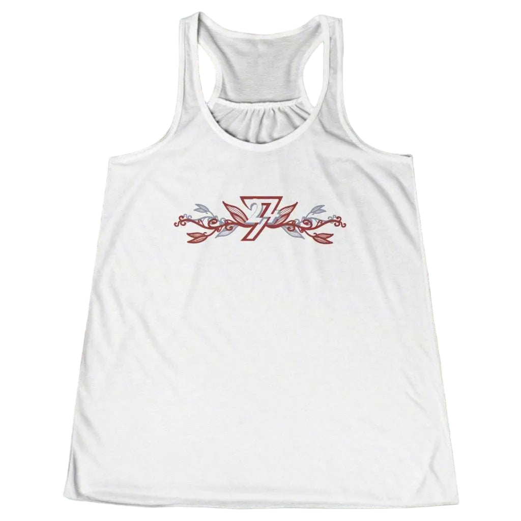 White sleeveless summer shirt for women displaying a custom hand-drawn botanical 24/7 logo.
