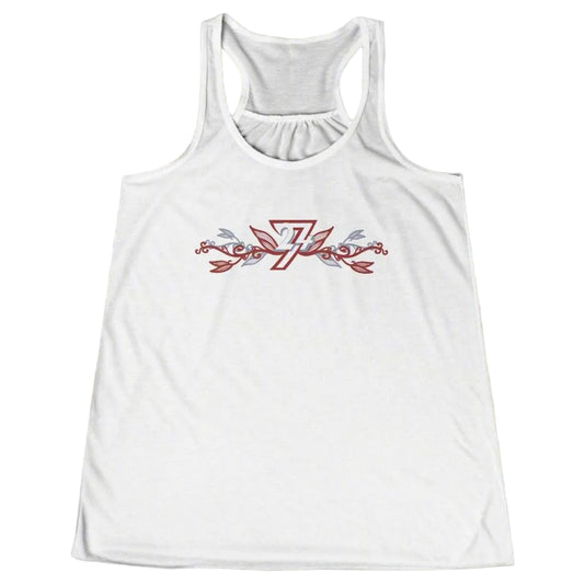 White sleeveless summer shirt for women displaying a custom hand-drawn botanical 24/7 logo.