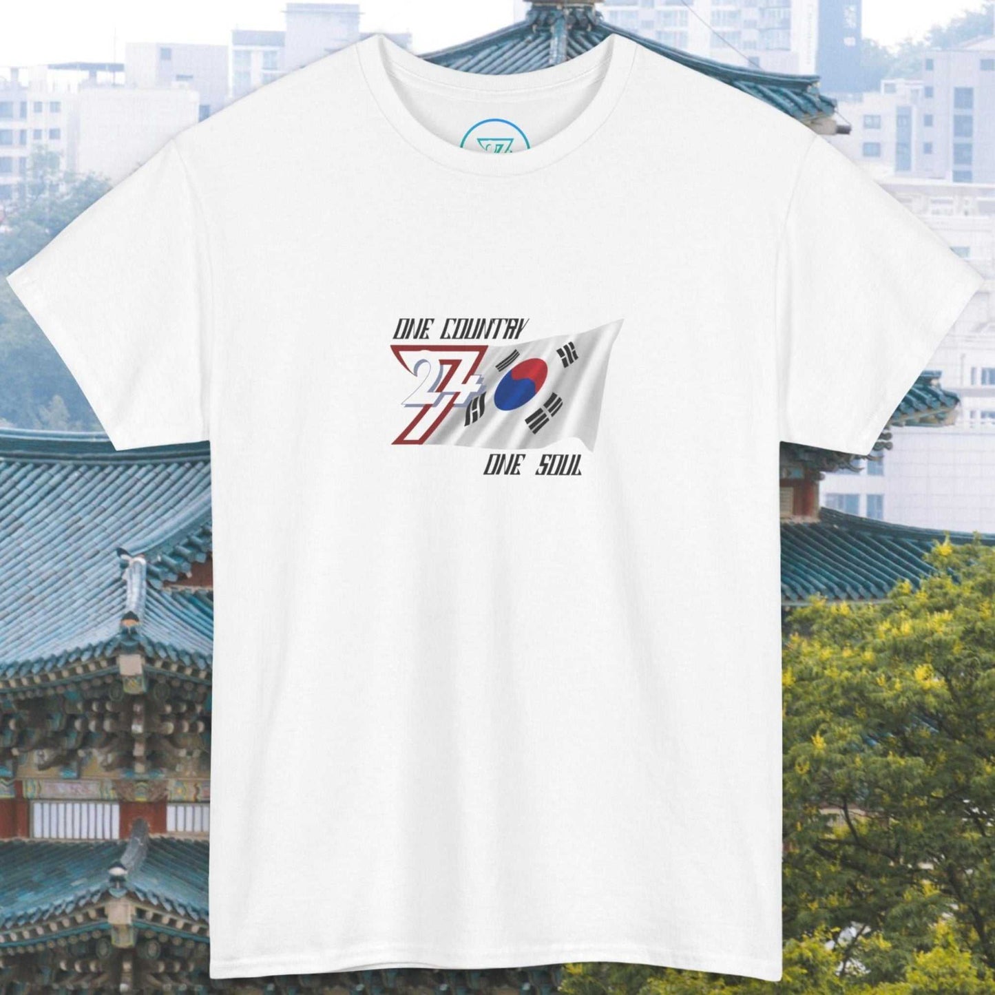 White South Korea flag graphic tee with hand-drawn Taegeukgi design and "One Country One Soul" text, unisex fit.