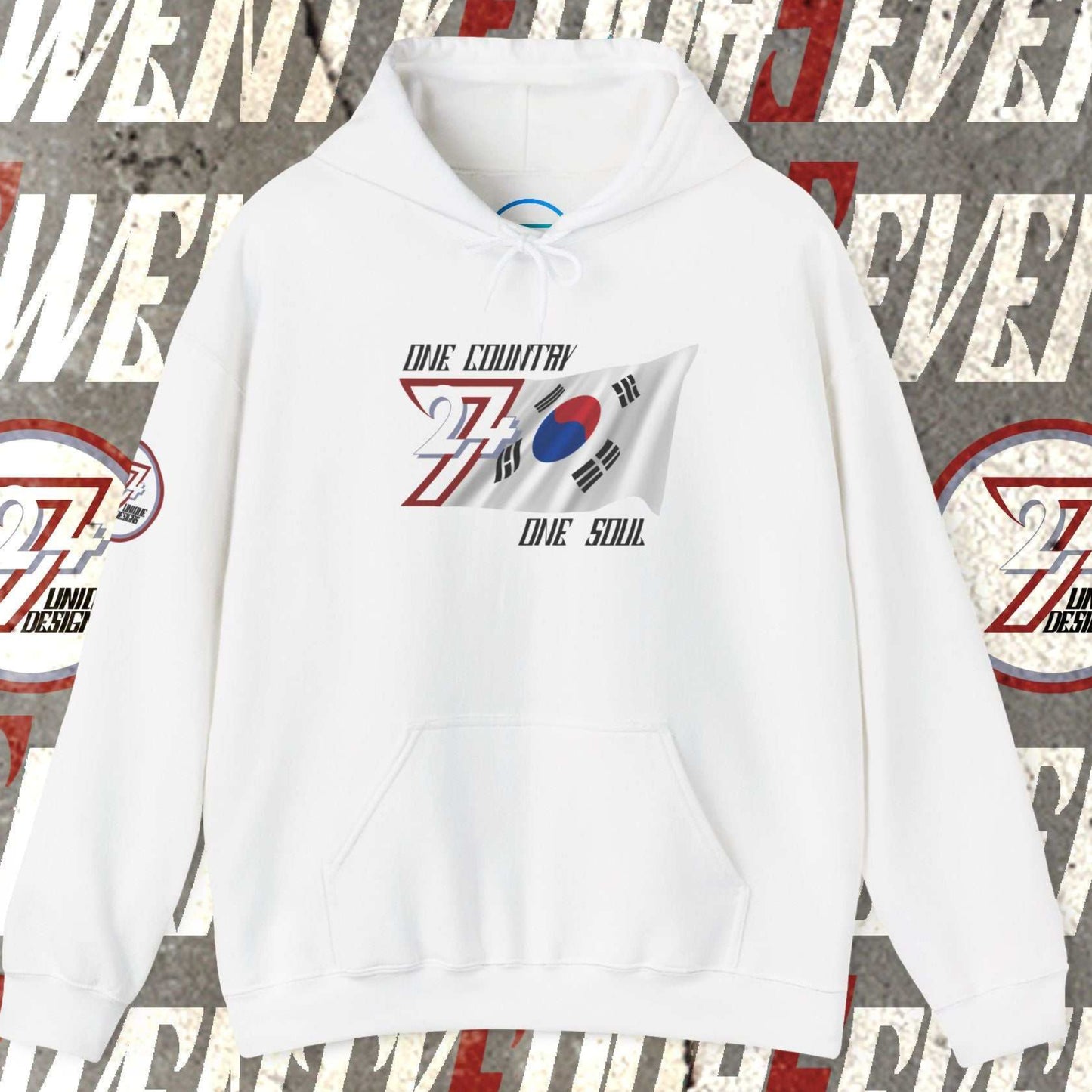Premium White South Korea flag hoodie featuring the hand-drawn national flag and 24/7 branding.