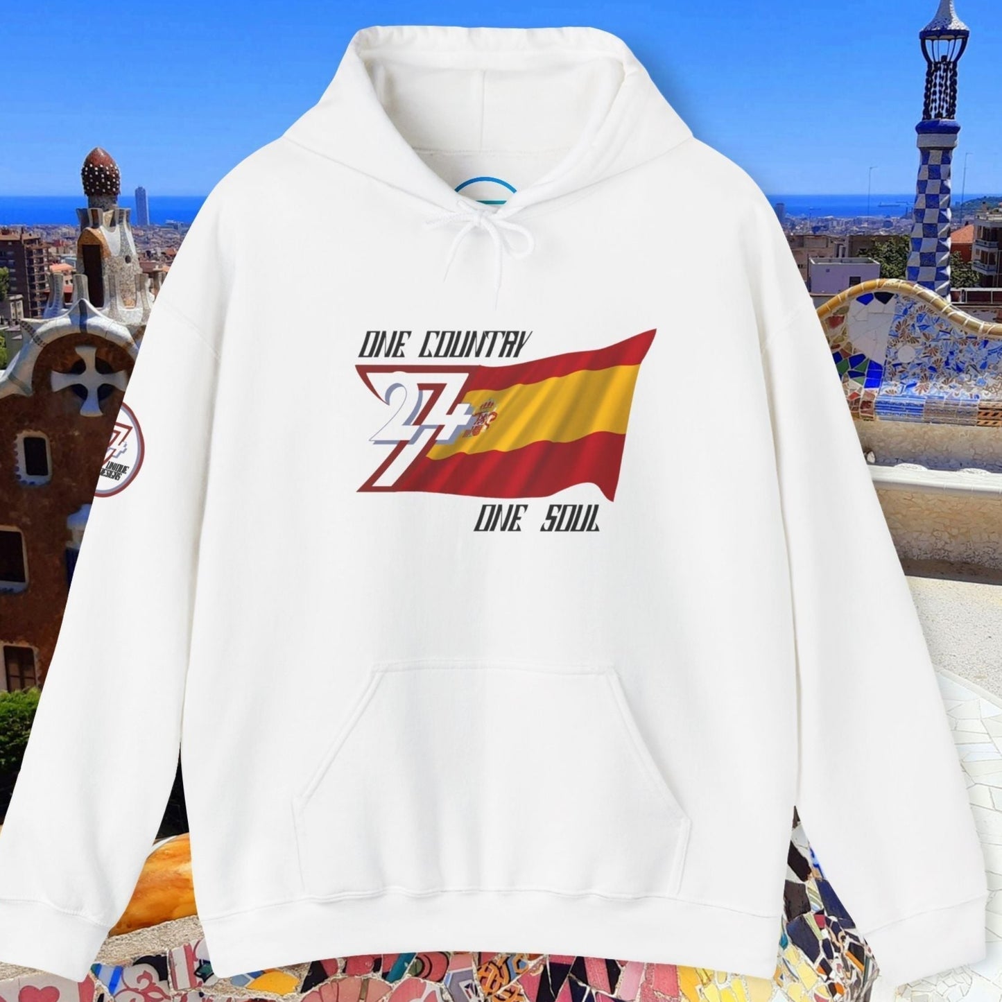 Premium White Spain flag hoodie featuring the hand-drawn national flag and 24/7 branding.
