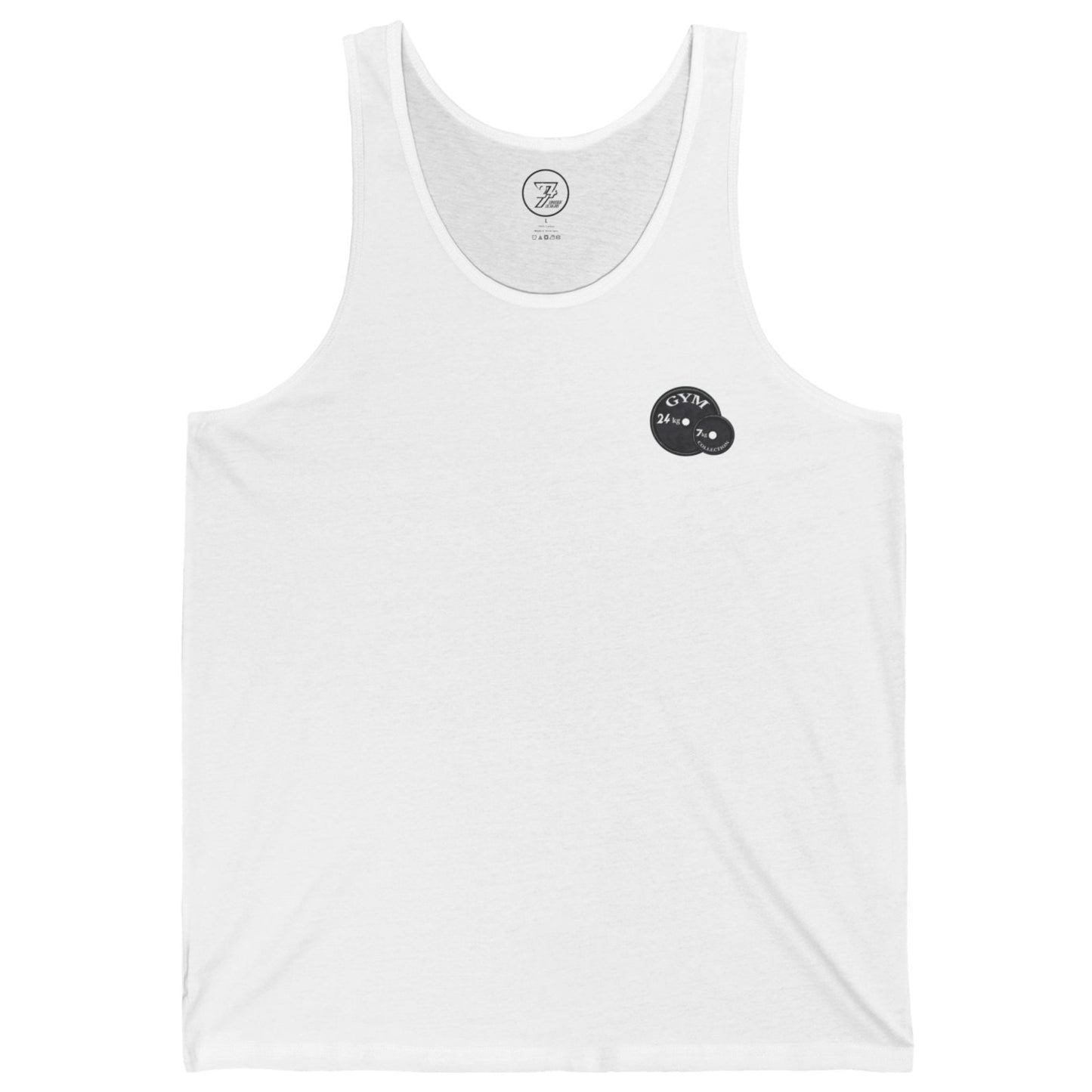 Front view of a white squat workout tank top featuring the subtle 24/7 weight plate chest logo, displayed on a clean background.