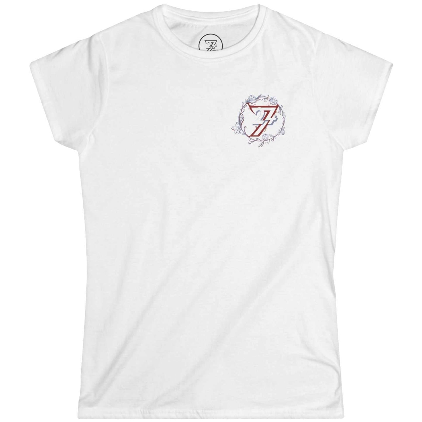 White women's tagless t-shirt featuring a subtle left chest botanical graphic.