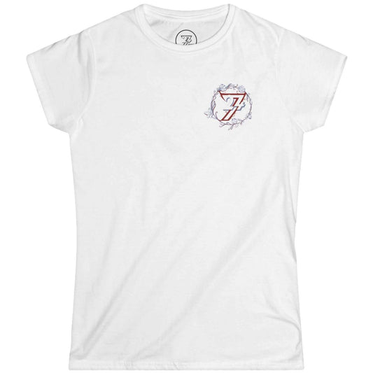 White women's tagless t-shirt featuring a subtle left chest botanical graphic.
