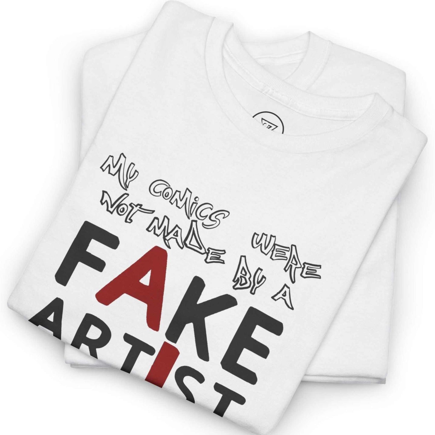 Neatly folded white support human artists graphic tee showing the durable premium cotton fabric and the clever print, laid flat against a comic book panel background.