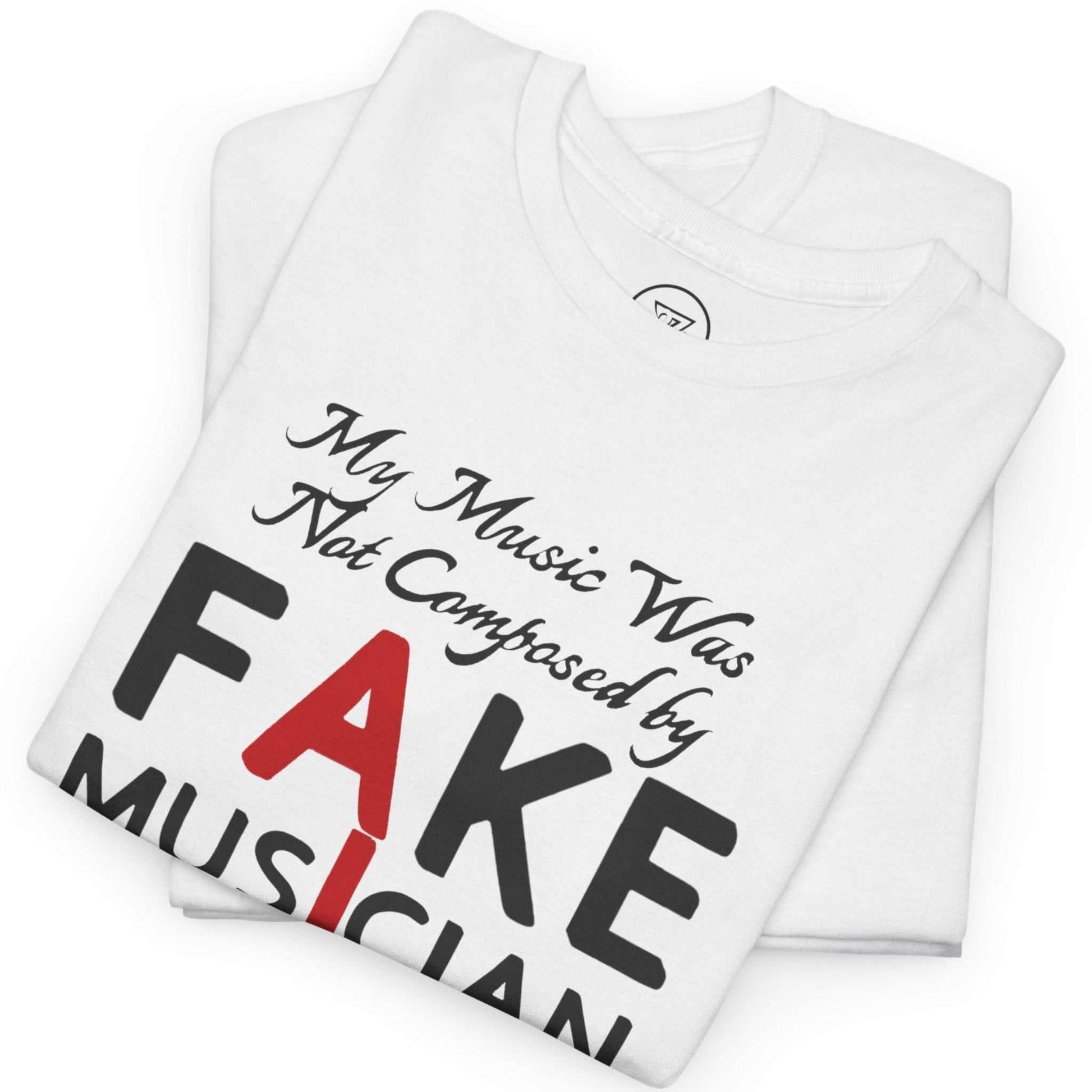 Neatly folded white support human musicians graphic tee showing the durable premium cotton fabric and the clever print, laid flat.