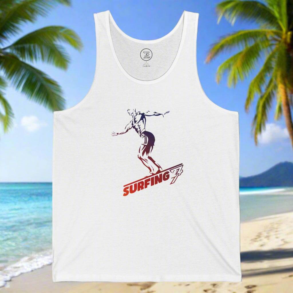 White Surfing Tank Top featuring a red-to-orange gradient surfer silhouette.