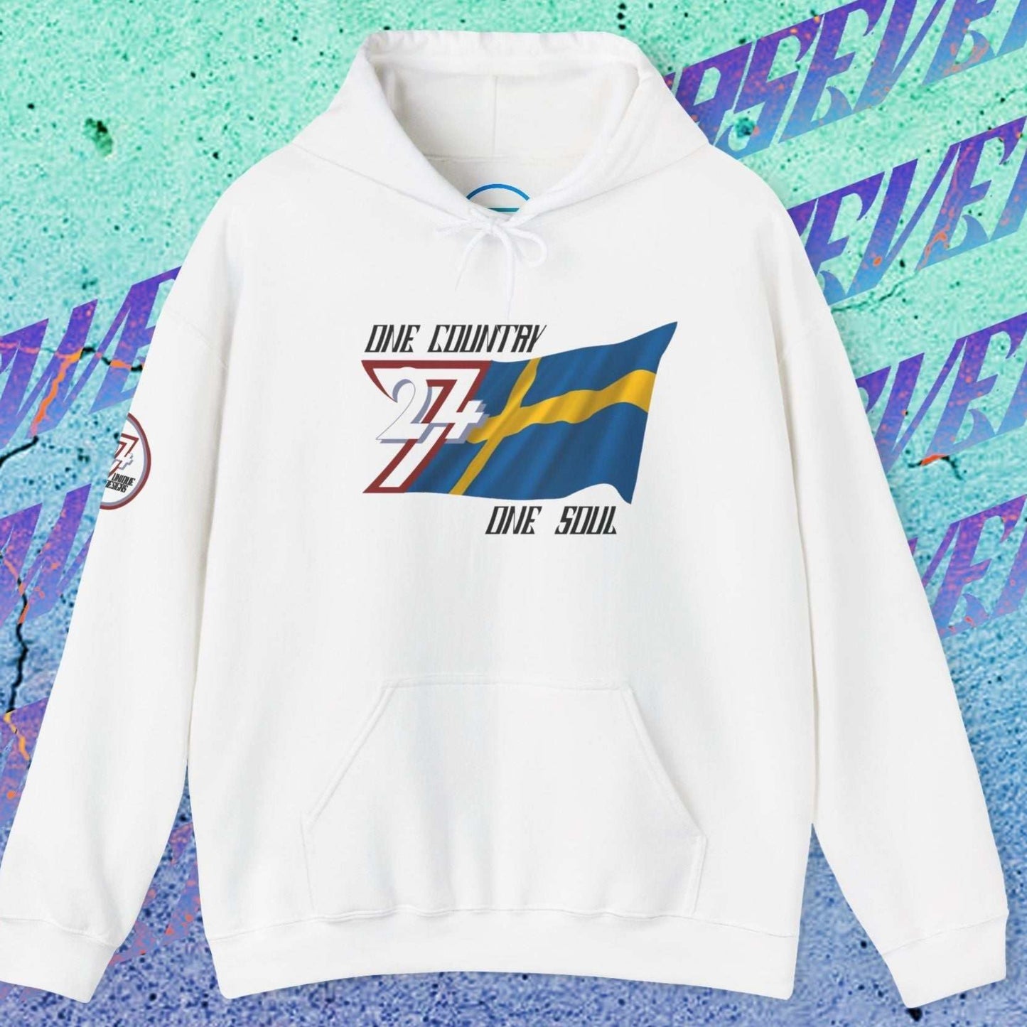 Premium White Sweden flag hoodie featuring the hand-drawn national flag and 24/7 branding.