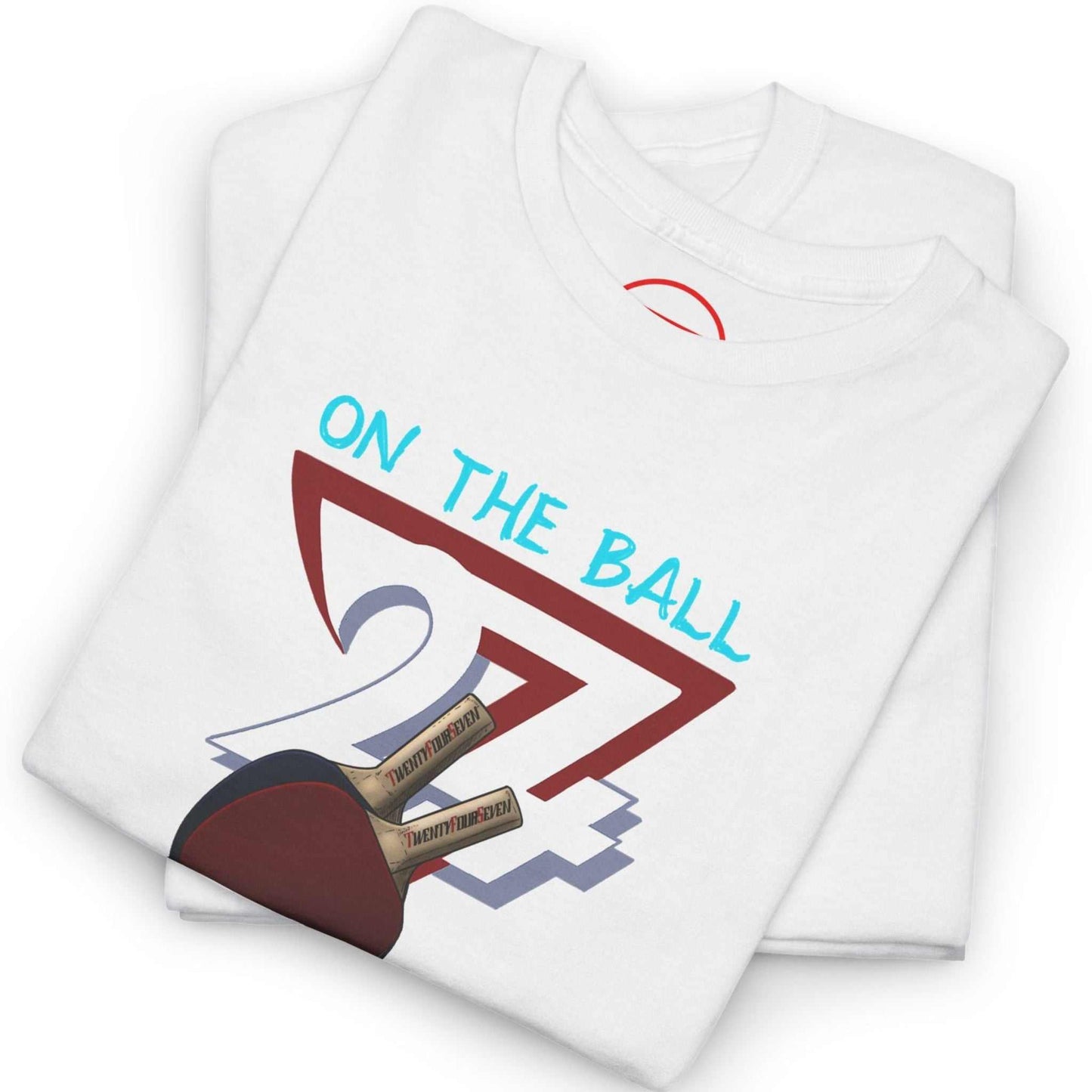 Neatly folded white table tennis apparel tee highlighting the crisp front print and premium fabric, laid flat.