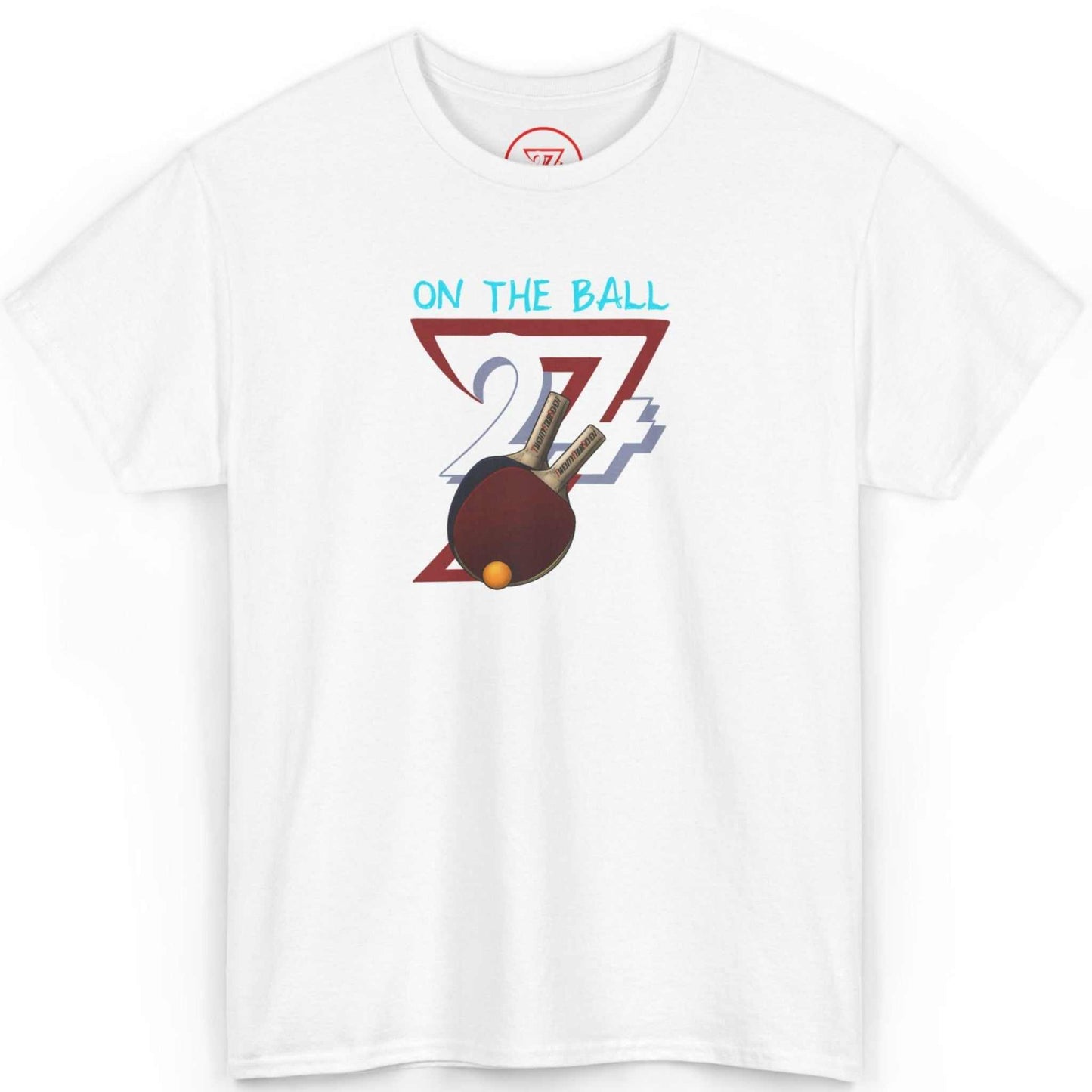 Front view of a crisp white 90s table tennis graphic tee featuring the hand-drawn On The Ball ping pong graphic, displayed on a clean background.