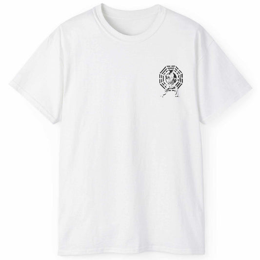 Front view of a white Tai Chi martial arts t-shirt featuring a minimalist Bagua chest emblem, displayed on a clean background.