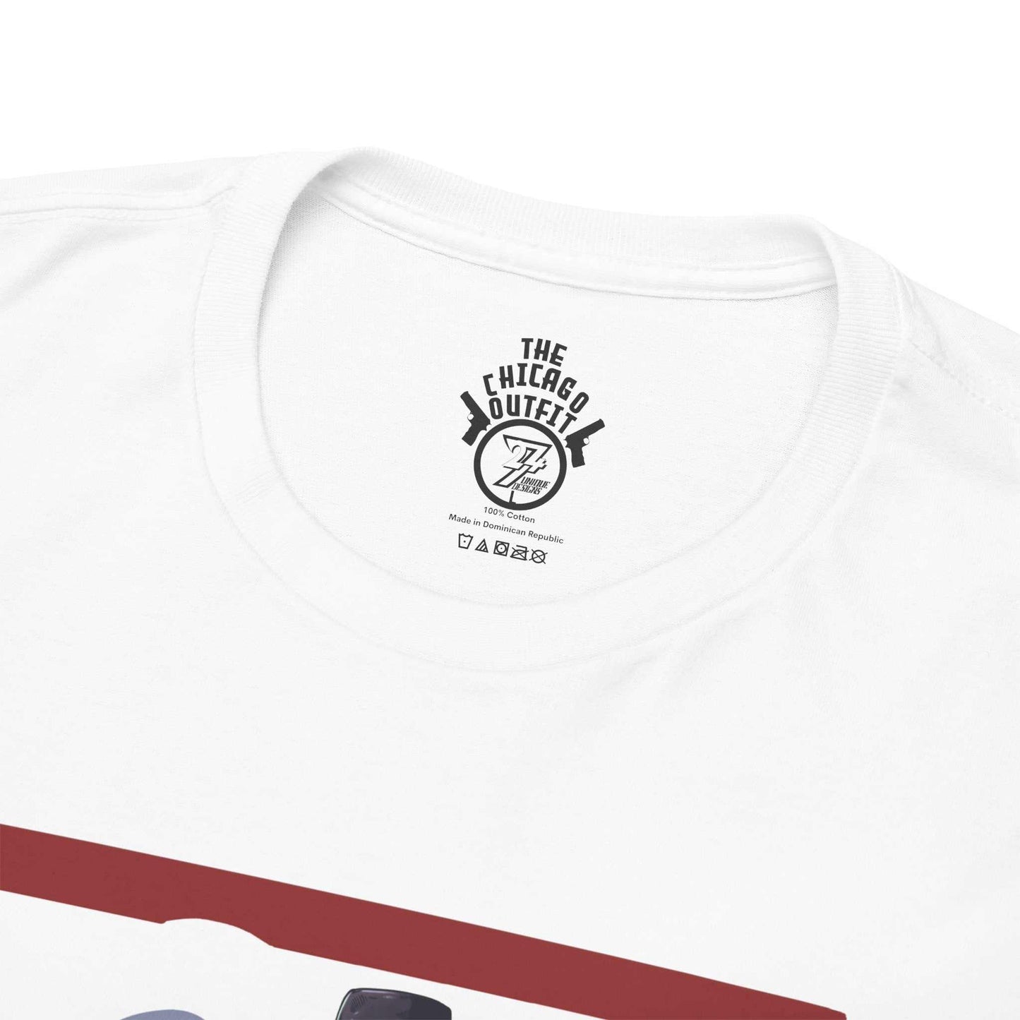 Close up of the inner collar on the white tee, revealing the exclusive black The Chicago Outfit twin pistol brand identifier.