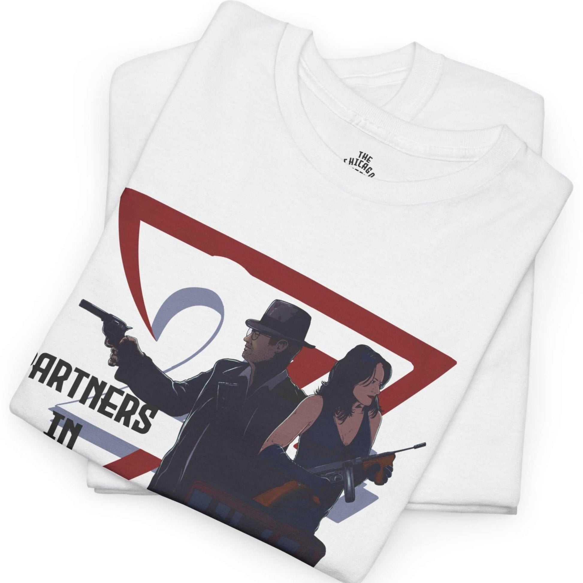 White Partners in Crime vintage mafia graphic tee with 1930s style comic design of a gangster couple - folded view