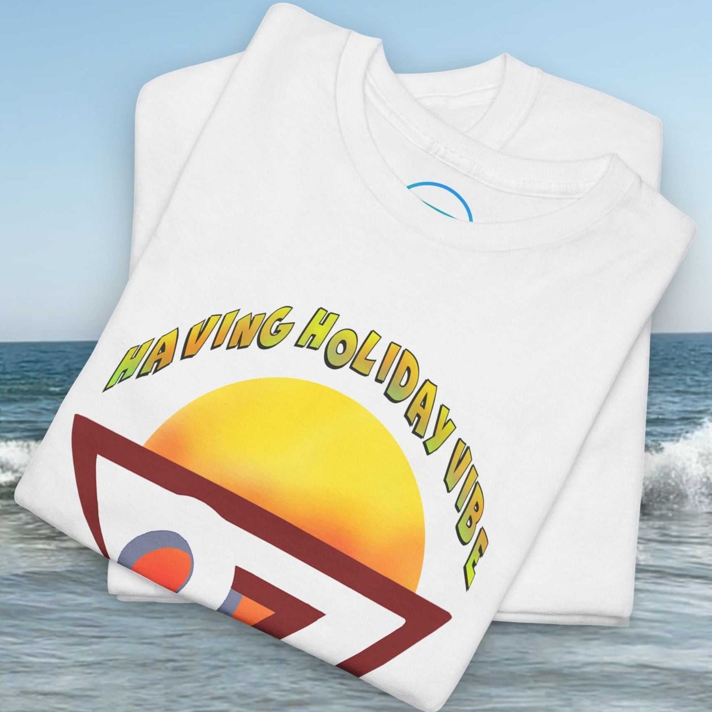 Folded white t-shirt neatly displaying the printed Cacti Maria relaxing summer graphic.