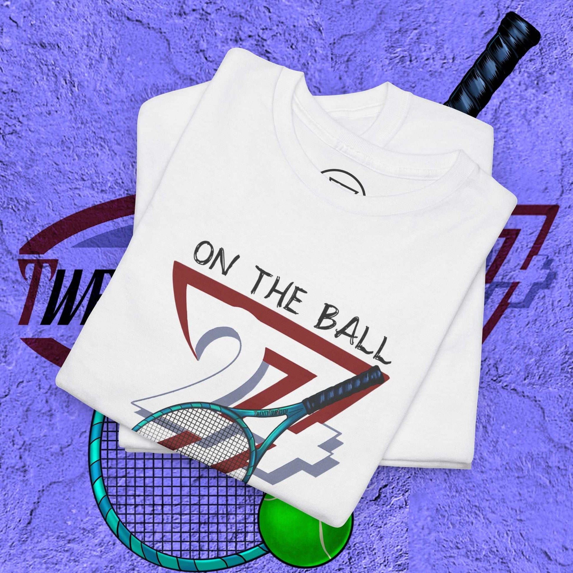 Neatly folded white tennis player shirt highlighting the crisp 90s retro front print and premium fabric, laid flat.