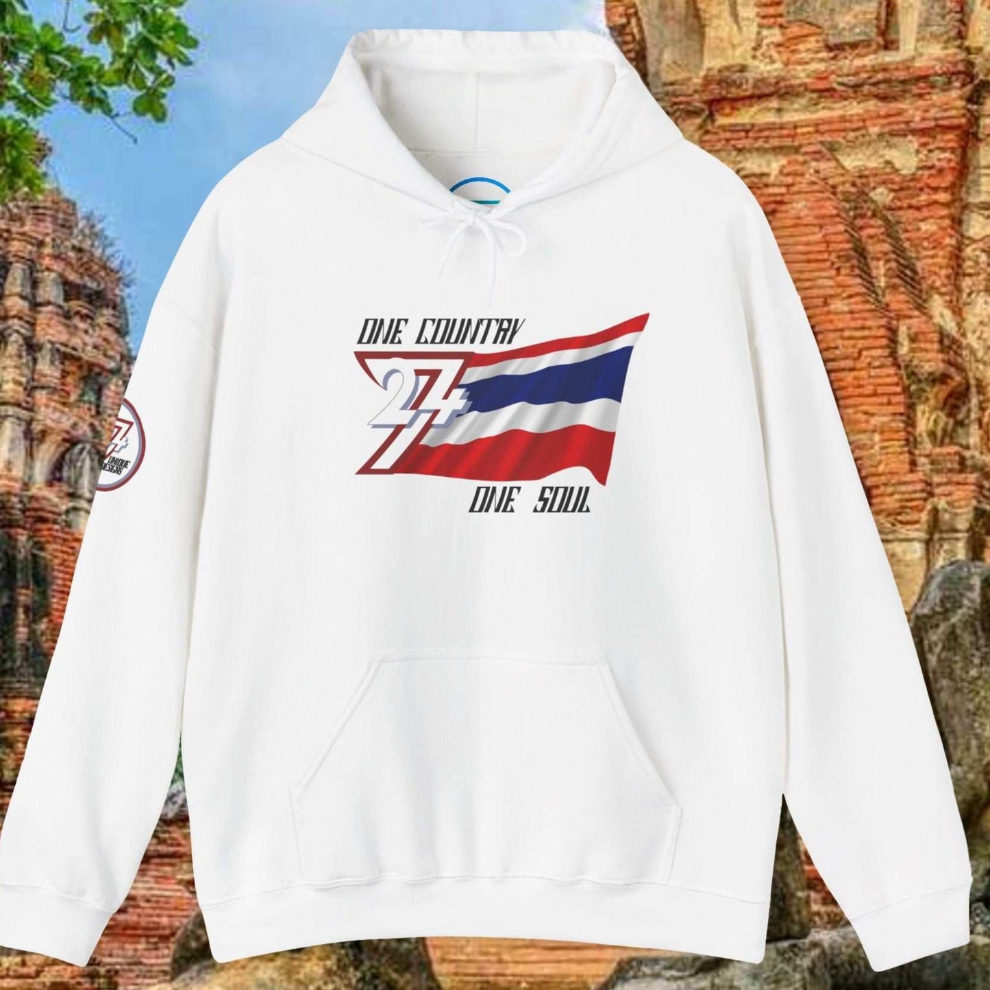 Premium White Thailand flag hoodie featuring the hand-drawn national flag and 24/7 branding.