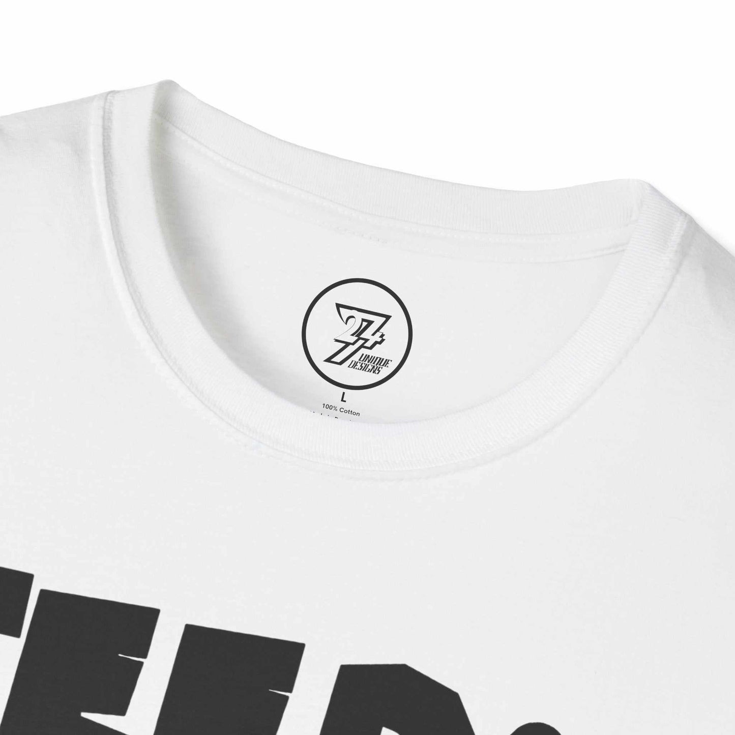 Close-up of the shape-retaining ribbed knit neckline on the white tradesman zombie dad graphic tee, highlighting the durable stitching.