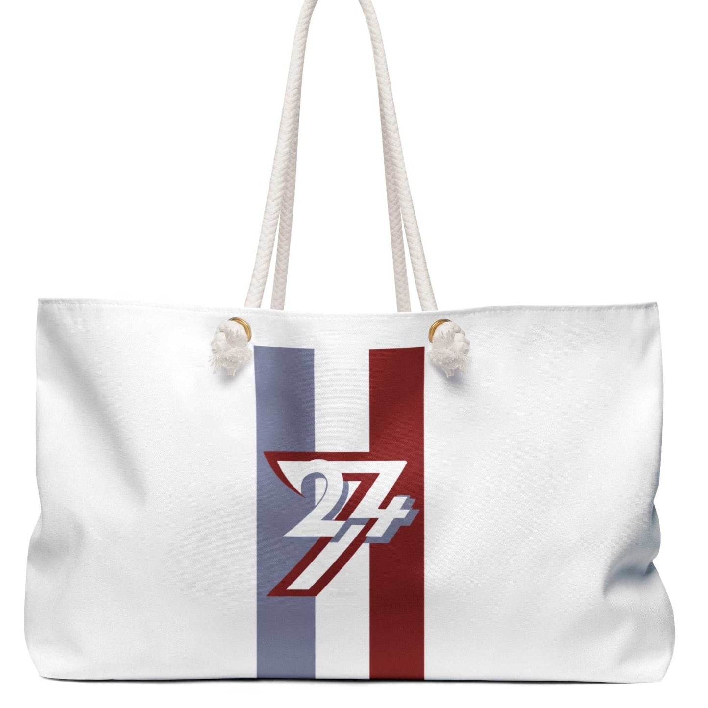 Left side profile of the white 24/7 travel gym bag, showing the crisp spun polyester fabric and durable gusset construction.