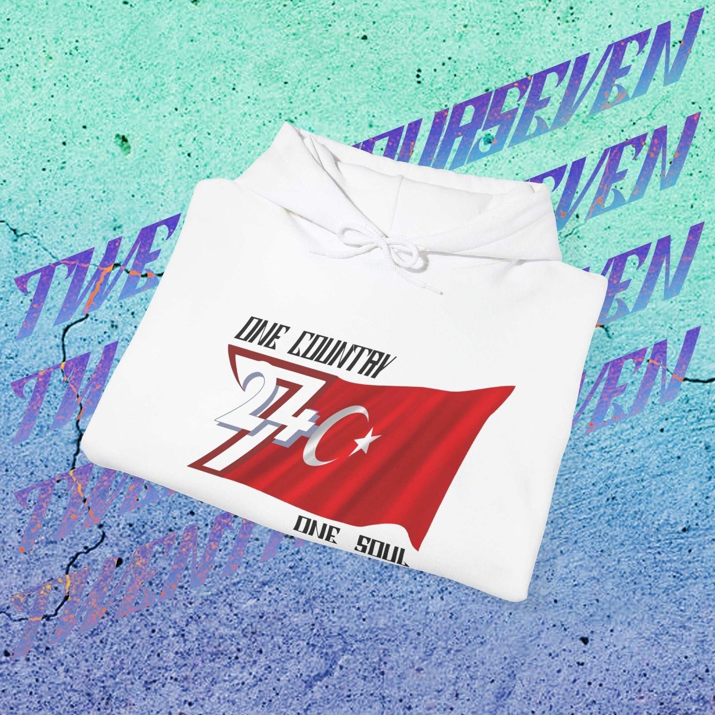 A professional display of the Türkiye flag hoodie in White, folded to showcase the refined hand-drawn graphic and 8oz fabric weight.